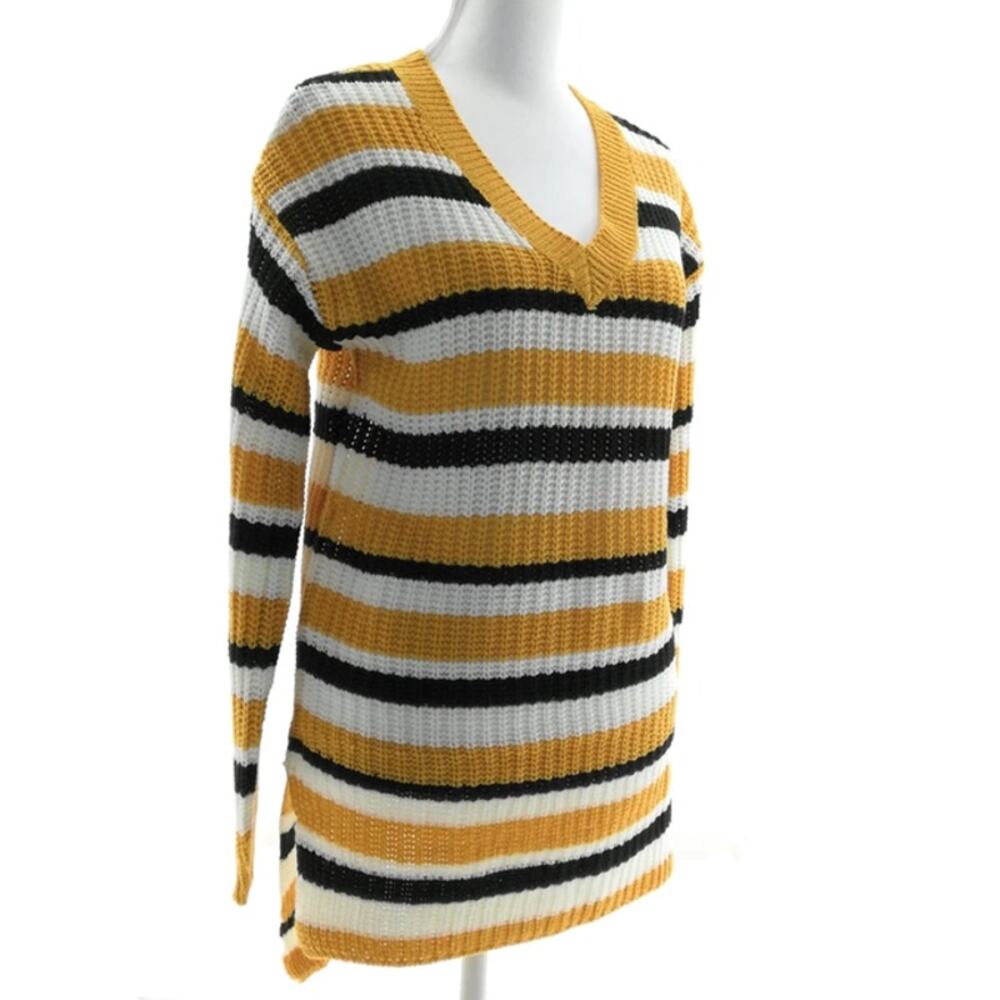 L.A. Gold Striped V Neck Sweater Large Mustard Black White Cozy Knit Pullover - Picture 2 of 4